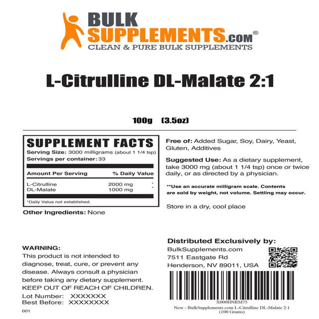 Bulksupplements.Com L-Citrulline Dl-Malate 2:1 Powder, 3G - BCAAS Unflavored Pre-Workout (100G - 33 Servings)