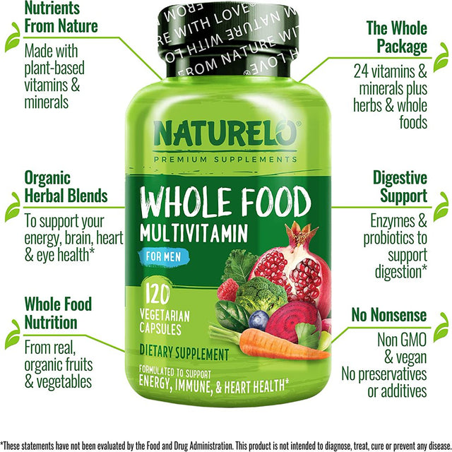 NATURELO Whole Food Multivitamin for Men - with Vitamins, Minerals, Organic Herbal Extracts - Vegetarian - for Energy, Brain, Heart, Eye Health - 120 Vegan Capsules