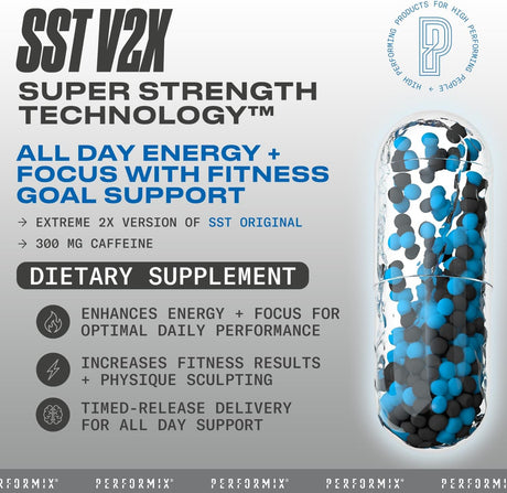 PERFORMIX - SST V2X - Pre Workout - 300 Mg Caffeine - Energy Supplements - No Crash - Thermogenic - Nootropic - Timed-Release for All Day Focus, Mood & Energy Boost - Men & Women - 120 Capsules