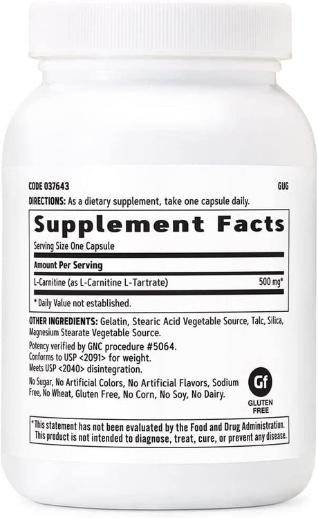 GNC L-Carnitine 500Mg, 120 Capsules, Helps Metabolize Long-Chain Fatty Acids