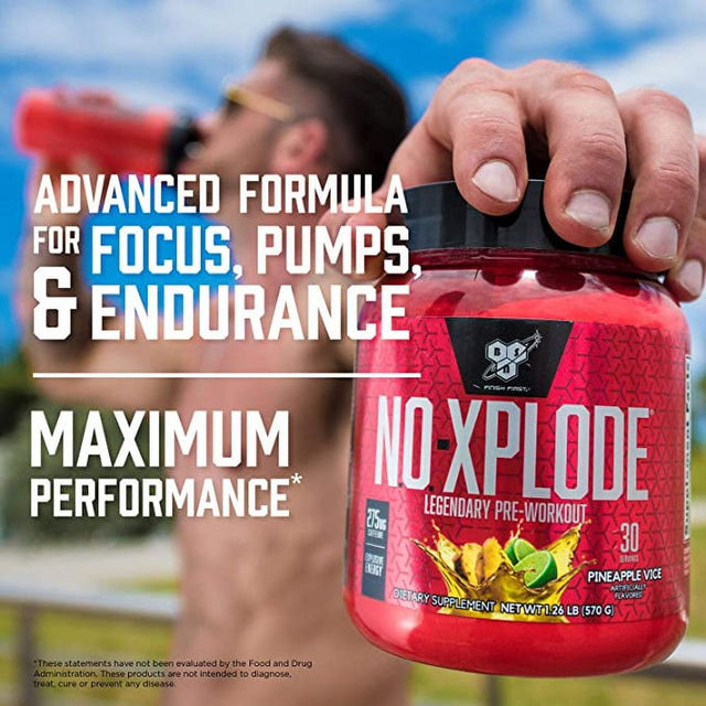 BSN N.O. Xplode Nitric Oxide Booster + Pre Workout Powder, Green Apple, 60 Servings