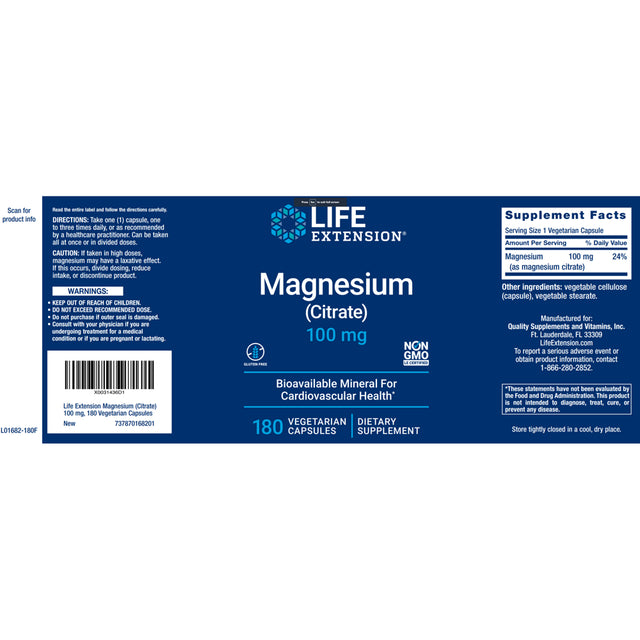 Life Extension Magnesium Citrate 100Mg, 180 Vegetarian Capsules