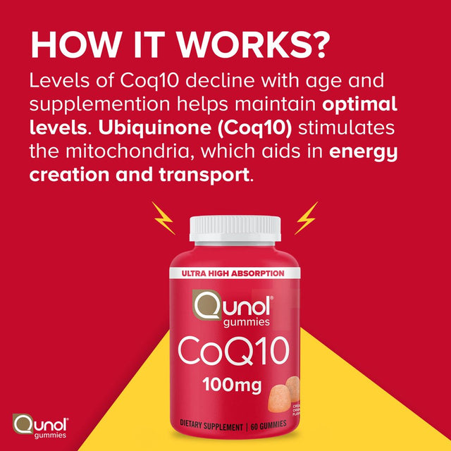 Coq10 Gummies, Qunol Coq10 100Mg, Delicious Gummy Supplements, Helps Support Heart Health, Vegan, Gluten Free, Ultra High Absorption, 2 Month Supply (60 Count, Pack of 2)