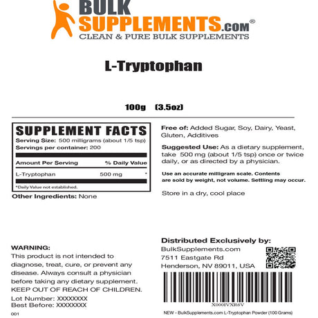 Bulksupplements.Com L-Tryptophan Powder - Sleep Supplement - Serotonin Supplement - Sleep Aid Natural - L-Tryptophan 500Mg (100 Grams - 3.5 Oz)