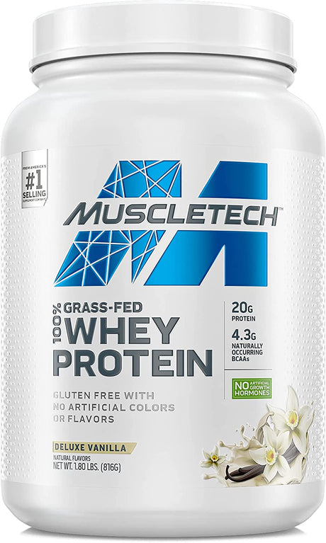 Grass Fed Whey Protein Muscletech Grass Fed Whey Protein Powder Protein Powder for Muscle Gain Growth Hormone Free, Non-Gmo, Gluten Free 20G Protein + 4.3G BCAA Deluxe Vanilla, 1.8 Lbs