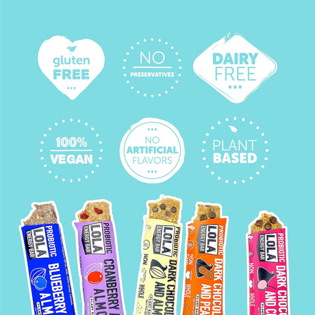 LOLA SNACKS Healthy Vegan Granola Bars I Probiotics for Women & Men I Dairy, Soy & Gluten Free Snacks I Natural Plant Based Low FODMAP Superfood I Kosher, Organic, Non-Gmo for Adults & Kids