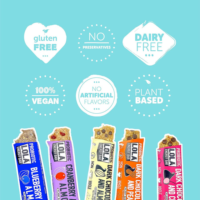 LOLA SNACKS Healthy Vegan Granola Bars I Probiotics for Women & Men I Dairy, Soy & Gluten Free Snacks I Natural Plant Based Low FODMAP Superfood I Kosher, Organic, Non-Gmo for Adults & Kids