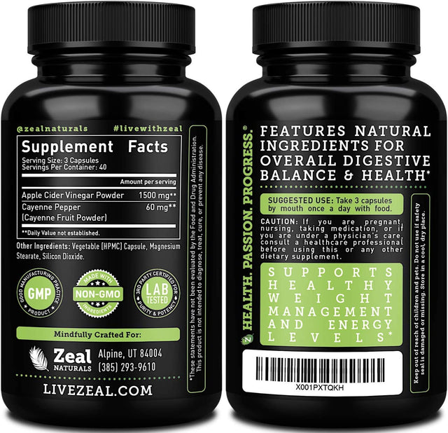 Zeal Naturals Natural Raw Apple Cider Vinegar Capsules (1560Mg|120 Capsules) Apple Cider Vinegar Pills W Cayenne Pepper, Cleanse, Appetite Suppressant & Digestive Support