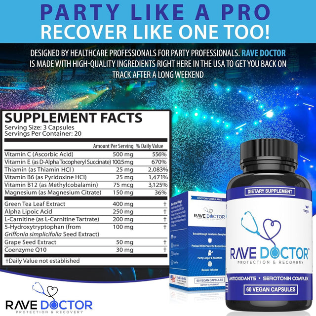 Rave Doctor 5 HTP Supplement - Essential Rave Vitamins for Festival Goers, Rave Accessories, Festival Essentials, Festival Gear, Rave Essentials, 5Htp Supplement