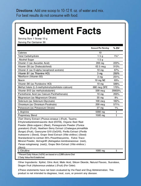 L-Arginine 5000 Mg and L-Citrulline 1000 Mg Combo, Nitric Oxide Supplement Complex, Cardio Heart Health Powder, Mixed Berry Flavor, 16.82 Oz..