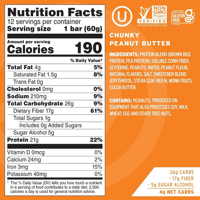 No Cow High Protein Bars, Chunky Peanut Butter, 21G Plant Based Vegan Protein, Keto Friendly, Low Sugar, Low Carb, Low Calorie, Gluten Free, Naturally Sweetened, Dairy Free, Non GMO, Kosher, 12 Pack