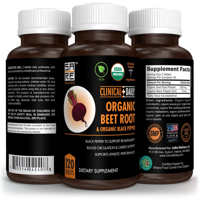 CLINICAL DAILY USDA Organic Beet Root Powder Tablets for Fast Dissolution. 1350Mg Beets Blood Circulation Supplements Support Blood Pressure, Energy, High Athletic Performance. Non-Gmo 120 Beet Pills