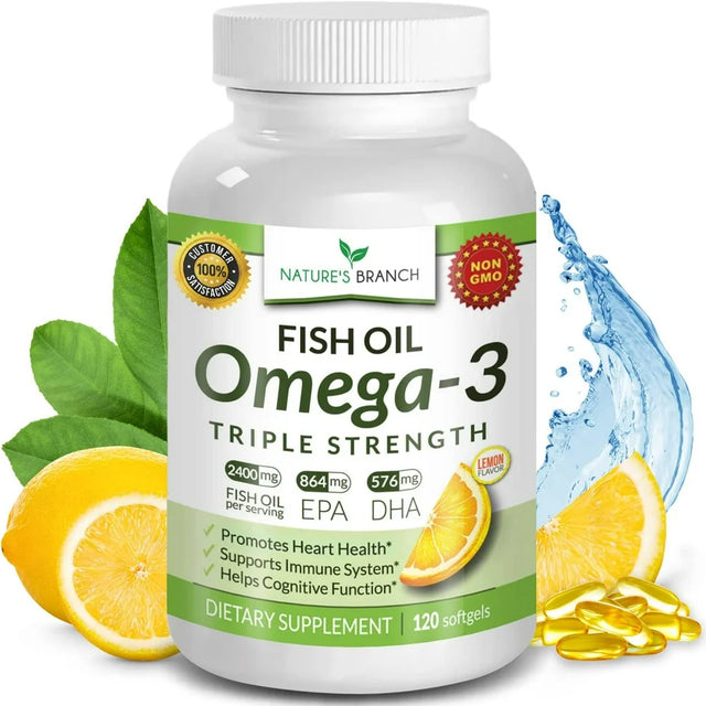 Best Triple Strength Omega 3 Fish Oil Pills 2400Mg , 120 Capsules , Burpless High Potency Lemon Flavor , 864Mg