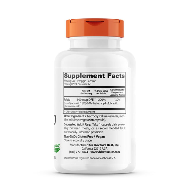 Doctor'S Best Fully Active Folate with Quatrefolic, Non-Gmo, Vegan, Gluten Free, 800 Mcg, 60 Veggie Caps