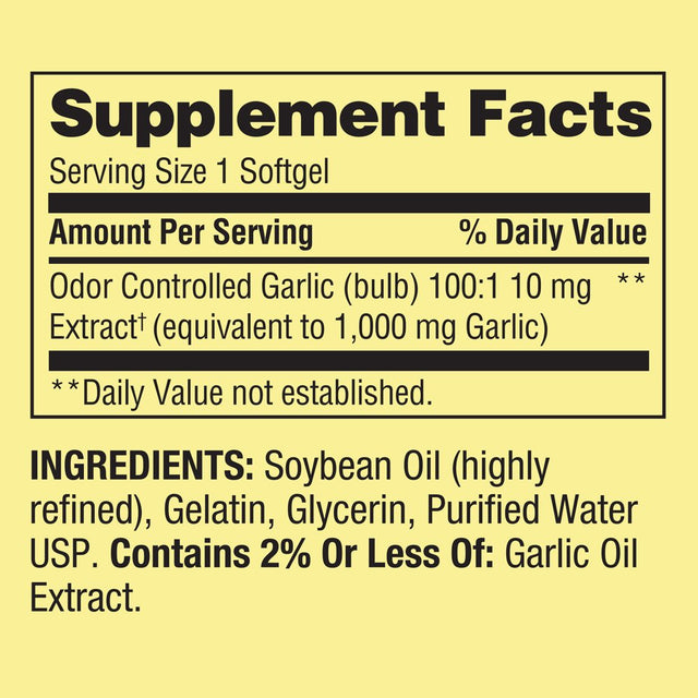 Spring Valley Odor-Controlled Garlic Softgels Dietary Supplement Value Size, 1,000 Mg, 200 Count