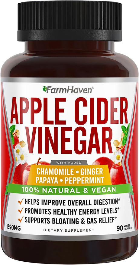 Apple Cider Vinegar Capsules with Ginger, Papaya & Chamomile | 1390Mg | Improves Digestion, Energy, Immunity | Soothes Gas & Bloating Issues | like with Mother | Non-Gmo & 100% Natural | 90 Capsules