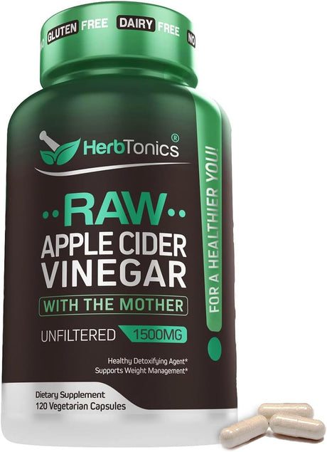 Herbtonics Raw Apple Cider Vinegar Capsules, 1500Mg Detox Support (Packaging May Vary), 120 Caps