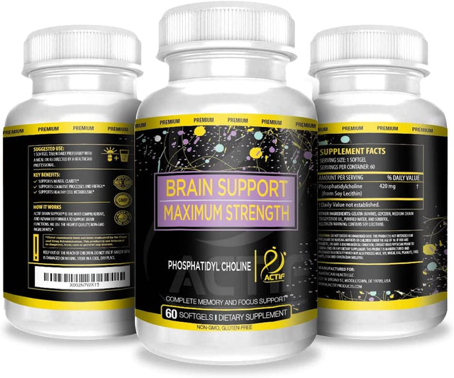 Actif Brain Mega Support with Phosphatidylcholine - Non-Gmo, Fast-Acting, Made in USA, 60 Count