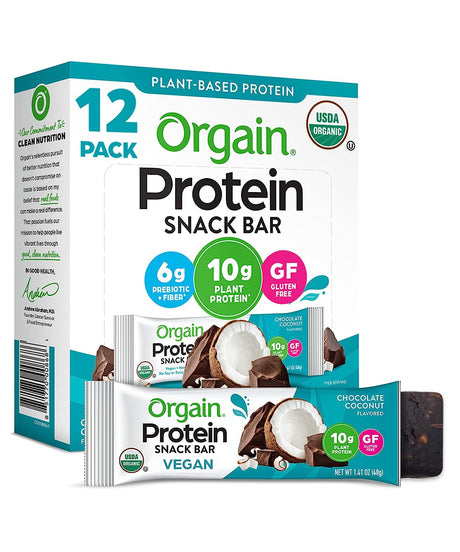 Orgain Organic Vegan Protein Bars, Chocolate Coconut - 10G Plant Based Protein, Gluten Free Snack Bar, Low Sugar, Dairy Free, Soy Free, Lactose Free, Non GMO, 1.41 Oz (Pack of 12)