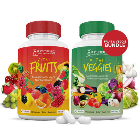 Vital Fruits and Veggies Supplement Red & Green Superfoods Whole Food Non GMO Vegan Friendly 180 Veggie Capsules 2 Bottles