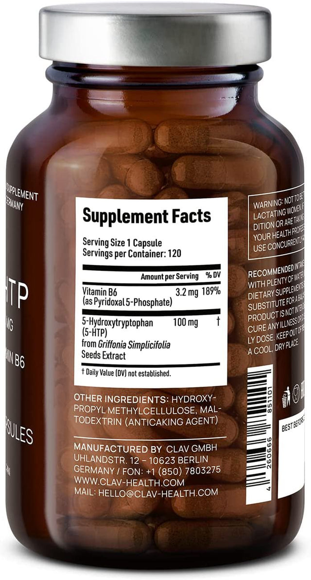 5HTP 100Mg plus Vitamin B6 Complex - 5 HTP Extra Strength from Griffonia Seed Extract - Mood, Sleep, Stress Support - 4 Months Supply - 120 Nootropic Capsules - Vegan - Gmo-Free - Made in Germany