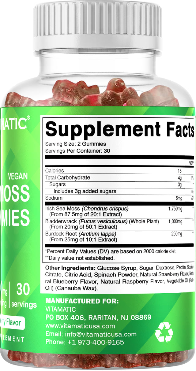 2 Pack Vitamatic Irish Sea Moss Gummies - 3000 Mg - 60 Vegan Gummies - Made with Bladderwrack & Burdock Root - Seamoss Supplement for Thyroid, Energy, Immune Support