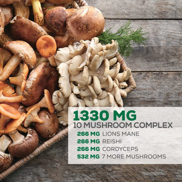 Mushroom Supplement - 10 Mushroom Complex Blend - Lions Mane, Reishi, Turkey Tail, Chaga, Cordyceps, Shiitake, Maitake - Nootropic Brain Supplement, Memory, Focus, Immune Health Support - 60 Count