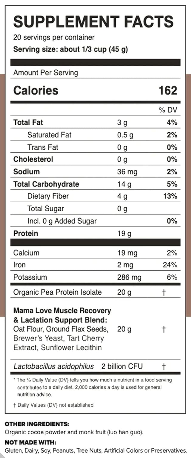 Mama Love Chocolate Protein for Muscles & Milk | Unsweetened | Supports Muscle Recovery & Breast Milk Supply in Moms | Plant Based | Vegan | Organic Ingredients | Probiotics | 20 Servings