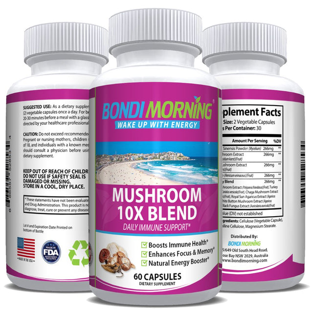 Bondi Morning Mushroom 10X Blend - Immune Support Supplement for Brain Health & Natural Energy Boost - 60 Capsules