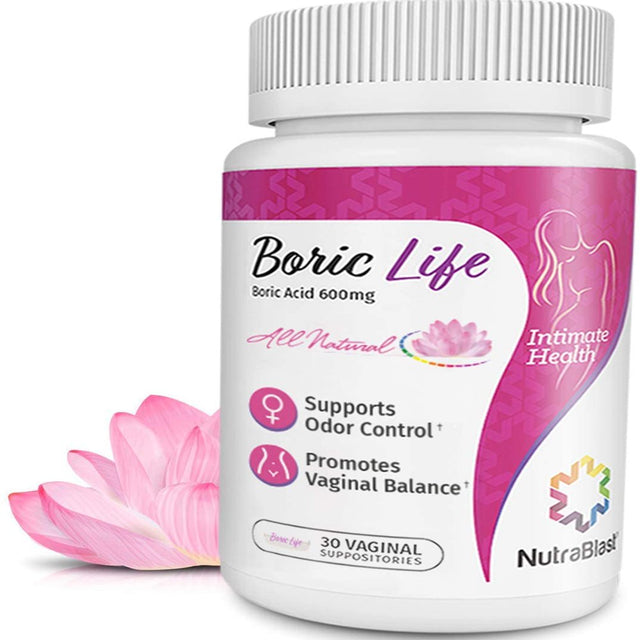 Nutrablast Boric Acid Vaginal Suppositories - 30 Count, 600Mg - 100% Pure Made in USA - Boric Life Intimate Health Support