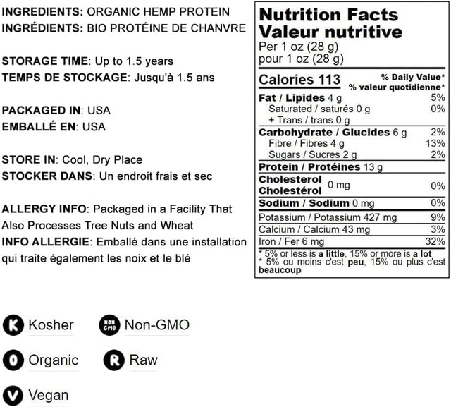 Food to Live Organic Hemp Protein Powder, 2 Pounds — 50% Protein, Non-Gmo, Non-Irradiated, Pure, Kosher, Vegan Superfood, Rich in Iron and Fiber