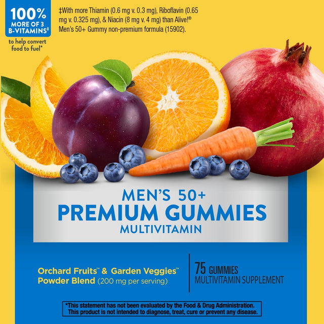 Nature’S Way Alive! Men’S 50+ Premium Gummies, 15 Vitamins and Minerals, Grape, Orange and Cherry Flavored Gummies, 75 Gummies