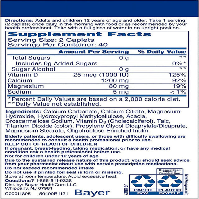 Citracal Slow Release 1200, 1200 Mg Calcium Citrate and Calcium Carbonate Blend with 1000 IU Vitamin D3, Bone Health Supplement for Adults, Once Daily Caplets, 80 Count