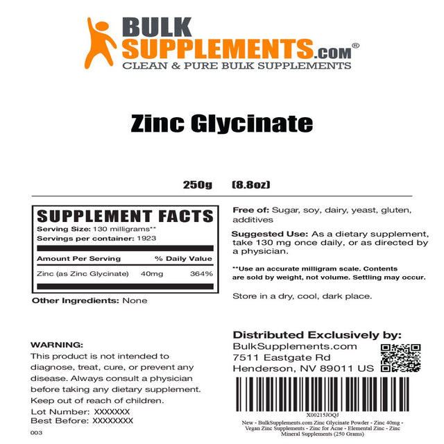 Bulksupplements.Com Zinc Glycinate Powder - Zinc 40Mg - Vegan Zinc Supplements - Elemental Zinc - Zinc Mineral Supplements (250 Grams)