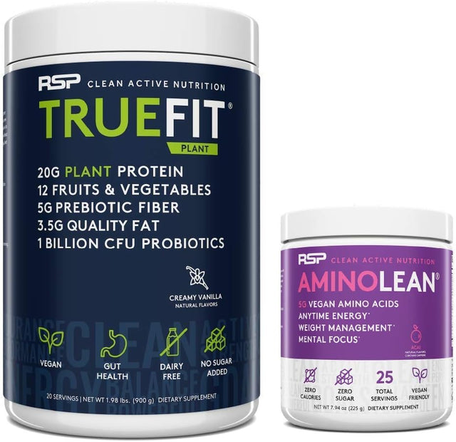 RSP NUTRITION Vegan Aminolean Pre Workout Energy (Acai 25 Servings) with Truefit Vegan Protein Powder (Creamy Vanilla 2 LB)