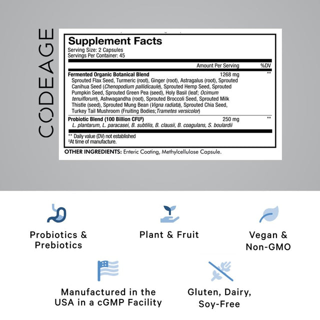 Codeage SBO Probiotics 100 Billion CFU, Soil-Based Organisms, Prebiotic, Organic Fermented Botanicals, 90 Ct