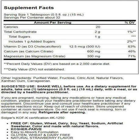 Solgar Liquid Calcium Magnesium Citrate with Vitamin D3 - Strawberry