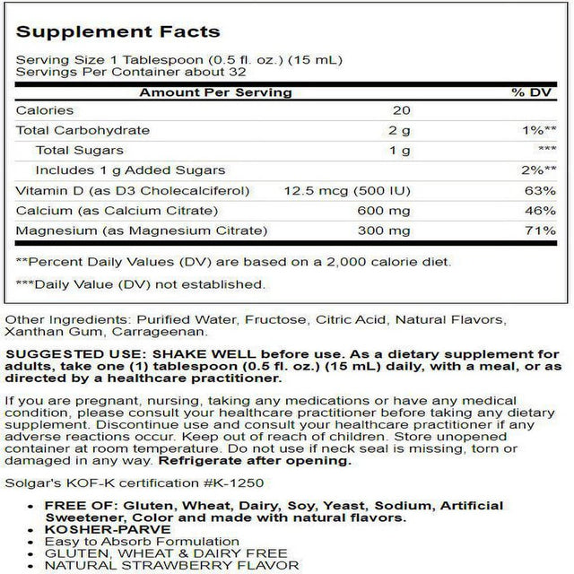 Solgar Liquid Calcium Magnesium Citrate with Vitamin D3 - Strawberry