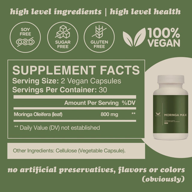 High Level Moringa Max | 60 Vegetarian Capsules | 800Mg per Serving | Antioxidant Green Superfood | Made in USA