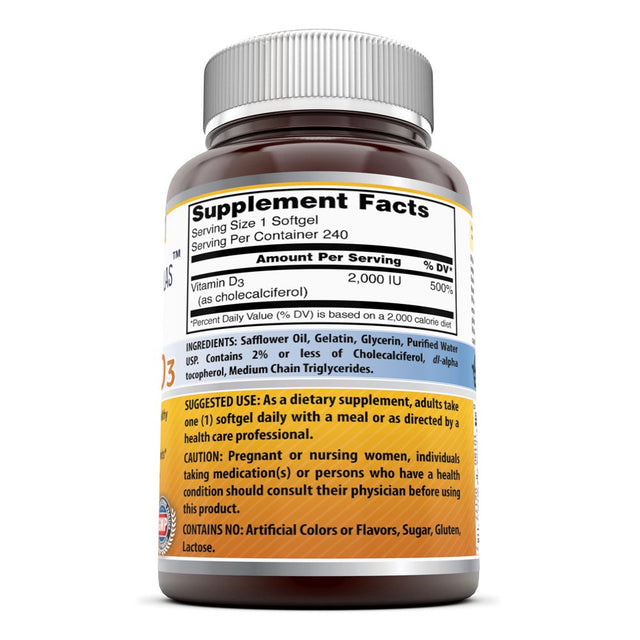 Amazing Nutrition Amazing Formulas Vitamin D3- 2,000 IU, 240 Softgels- Important Vitamin for Optimal Body Function- Supports Bone Health, Cardiovascular Health, Kidney Function and Over-All Well-Being