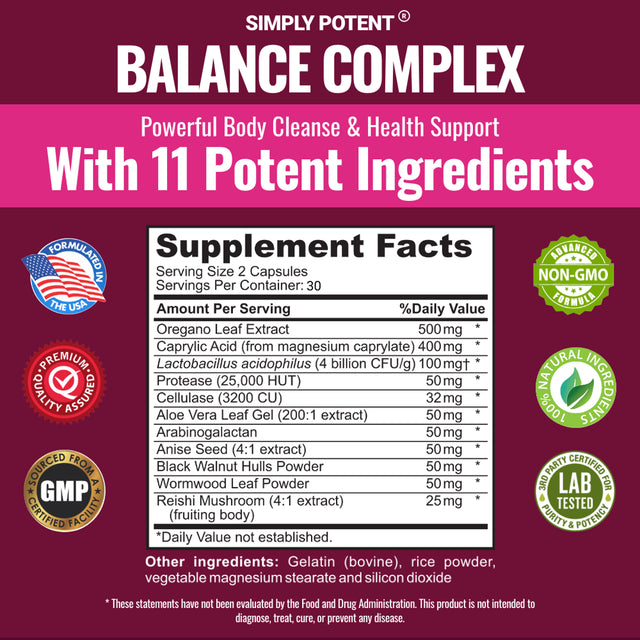 Balance Complex for Women, Candida Cleanse & Vaginal Health Dietary Supplement, Natural Formula with Oregano, Caprylic Acid, Aloe, Probiotics & Enzymes for Gut & Immune Health Support, 60 Capsules