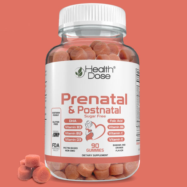 Health Dose Prenatal & Postnatal Vitamins for Pregnant and Lactating Women. DHA & Folic Acid, Gluten & Sugar-Free Vitamin B6, B12, C + Zinc for Immunity. Pregnancy & Post Pregnancy Support. 90 Gummies