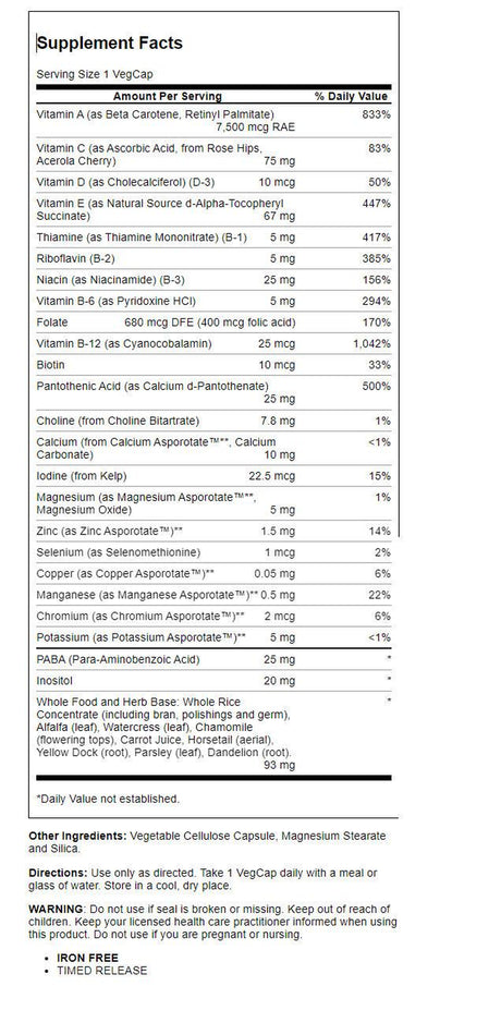 Solaray High Energy Multivitamin | No Iron, 1/Day, Timed-Release Formula | Whole Food & Herb Base | 120 Vegcaps
