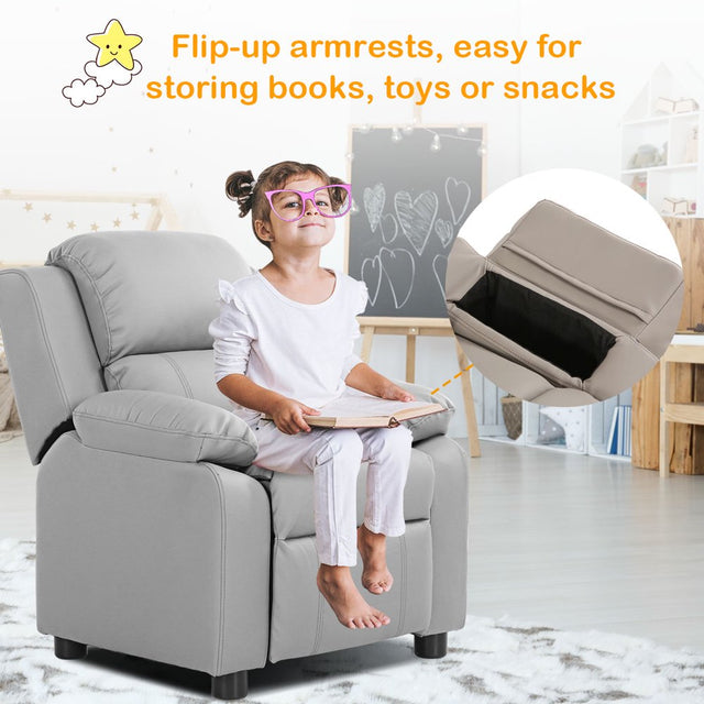 Deluxe Padded Kids Sofa Armchair Recliner Headrest Children W/ Storage Arms Gray