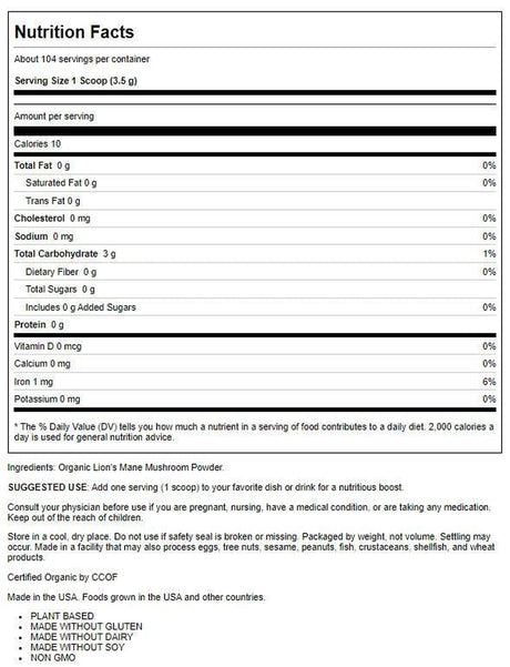 KOS Organic Lion'S Mane Powder, Memory & Focus Nootropic, Immunity Booster 12.84Oz