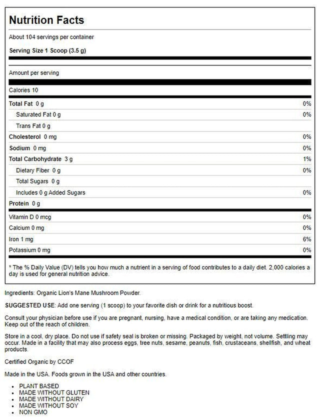 KOS Organic Lion'S Mane Powder, Memory & Focus Nootropic, Immunity Booster 12.84Oz