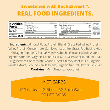 Bochasweet Keto Protein Bar, Vanilla Almond Crunch Bochabar, 20G Grass Fed Collagen, Low Carb, Keto-Friendly, Gluten Free, 12 Count