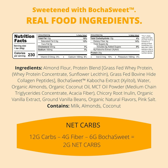 Bochasweet Keto Protein Bar, Vanilla Almond Crunch Bochabar, 20G Grass Fed Collagen, Low Carb, Keto-Friendly, Gluten Free, 12 Count