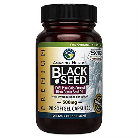 Amazing Herbs Premium Black Seed Oil Capsules - Cold Pressed Nigella Sativa Aids in Digestive Health, Immune Support, Brain Function, Gluten Free, Non GMO - 90 Count, 500Mg