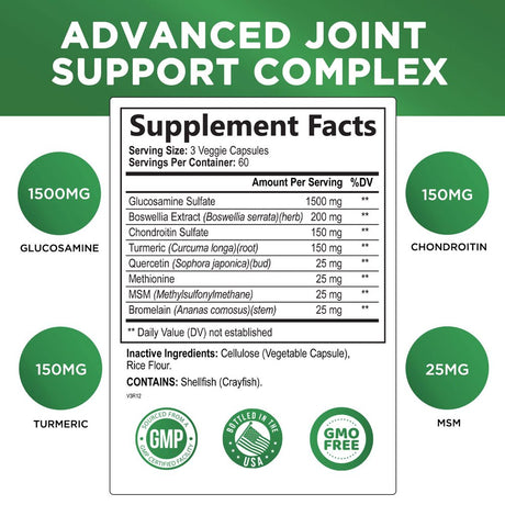 Glucosamine Chondroitin MSM Complex - Joint Support Supplement Turmeric & Boswellia, Triple Strength Glucosamine Capsules - Support for Joint Health & Mobility with Quercetin Bromelain - 240 Capsules